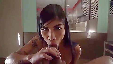 Tattooed brunette anal with a big booty and a deepthroated anal