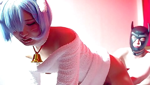 Asian slut in uniform sucking her dick in the toilet