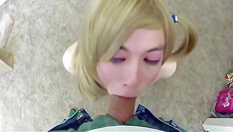 Blonde shemale gives head to her boyfriend in this vid