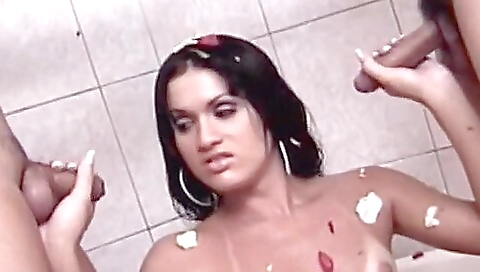 Skinny brunette fucks two horny boys in a threesome