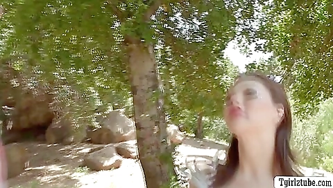 Brunette babe sucks a hard cock in her ass and mouth